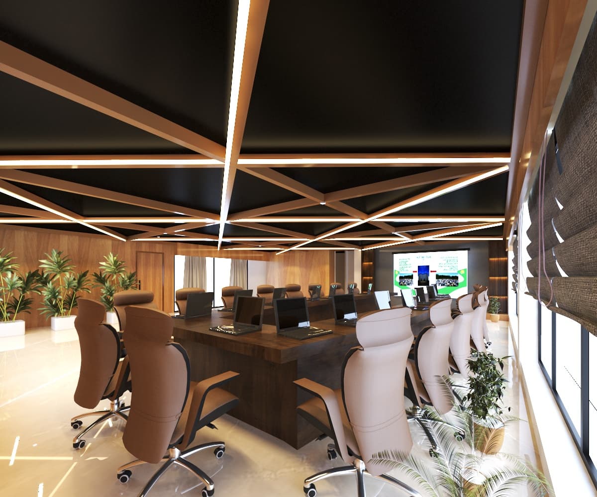 Premium interior work with custom ceiling, lighting and furniture planning