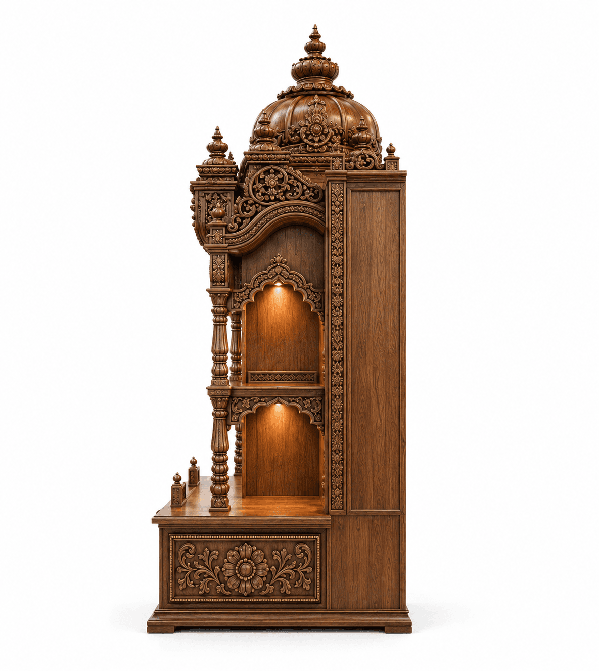 Carved mandir side detail for custom finish planning